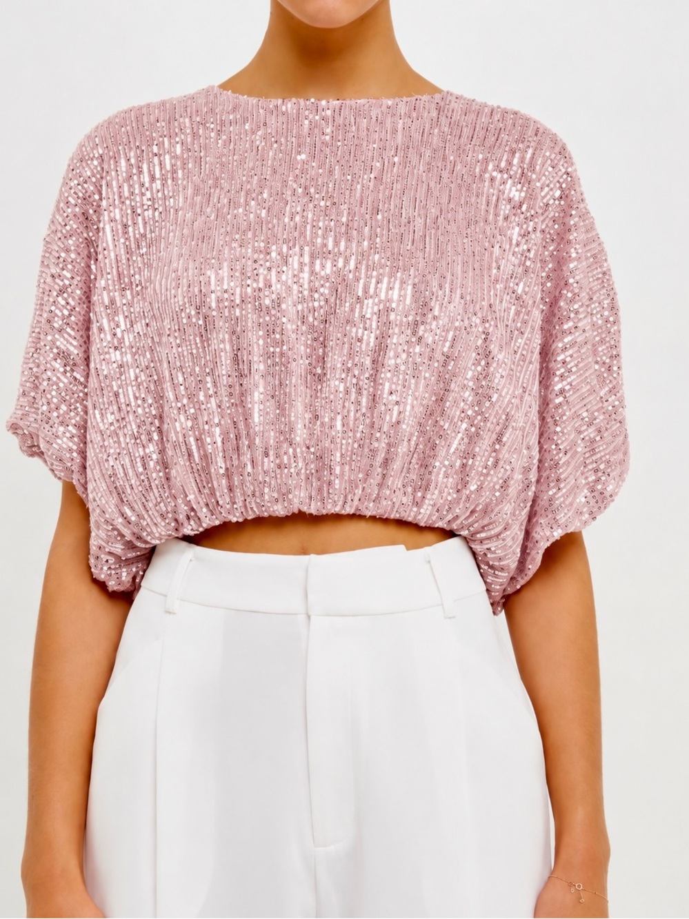 ENDLESS ROSE Blush Pink Sequin Cropped Dolman Bubble Top